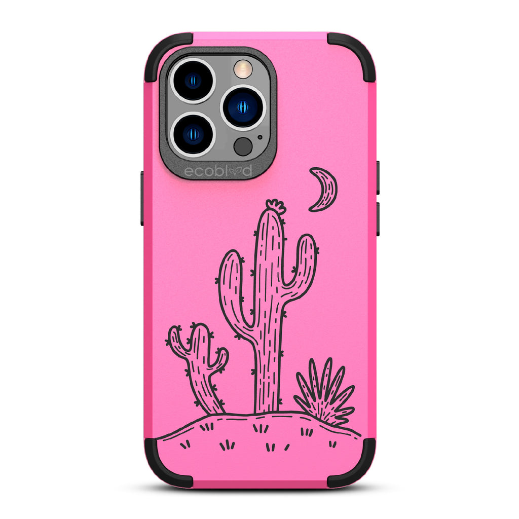 Sagebrush  - Pink Rugged Eco-Friendly iPhone 13 Pro Case With Cartoon Cacti Under A Crescent Moon On Back