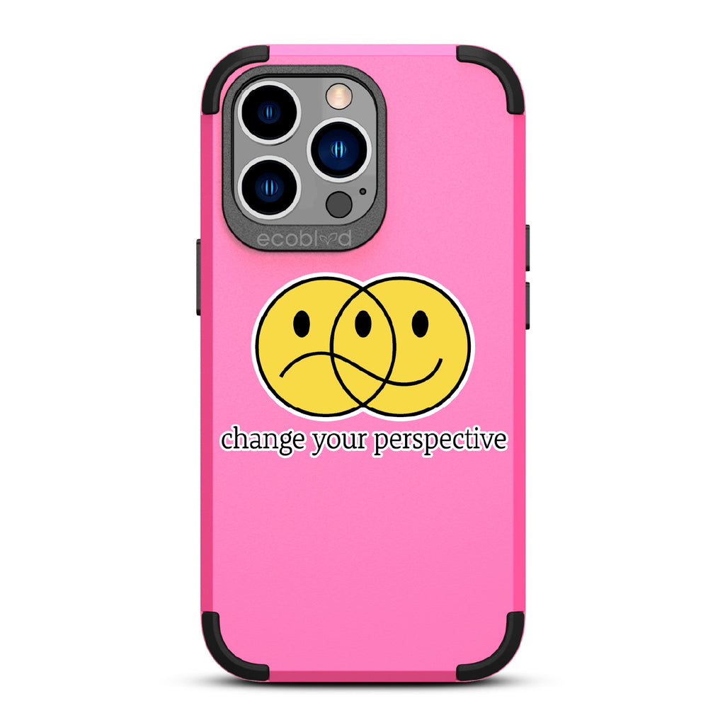 Perspective - Pink Rugged Eco-Friendly iPhone 13 Pro  Case With A Happy/Sad Face & Change Your Perspective On Back