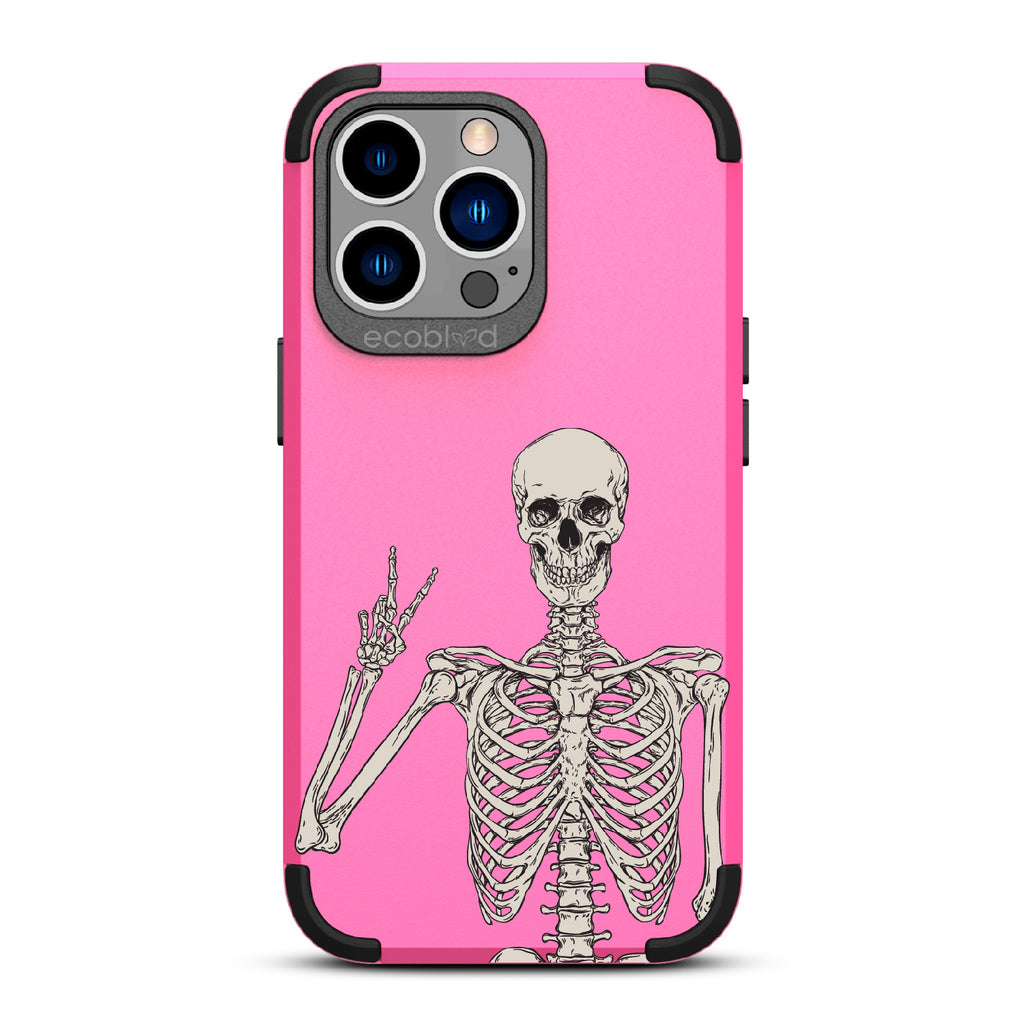 Creeping It Real - Pink Rugged Eco-Friendly iPhone 13 Pro Case With Skeleton Giving A Peace Sign On Back