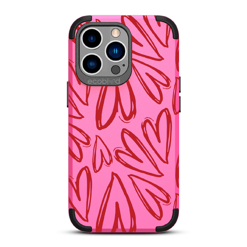 Heartfelt - Pink Rugged Eco-Friendly iPhone 12/13 Pro Max Case With Painted / Sketched Red Hearts On Back