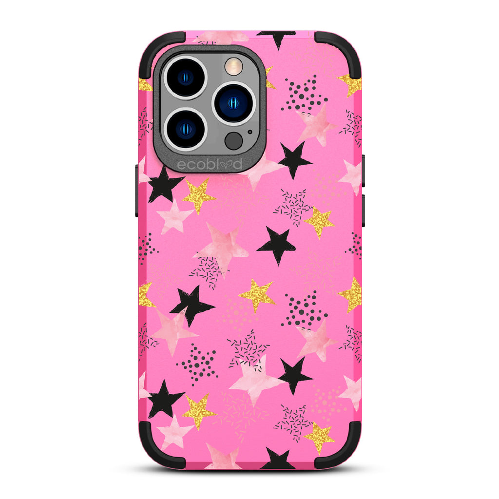 Champagne Supernova - Pink Rugged Eco-Friendly iPhone 13 Pro Case With Pink, Black & Gold Stars In Solid & Polka Dot Patterns