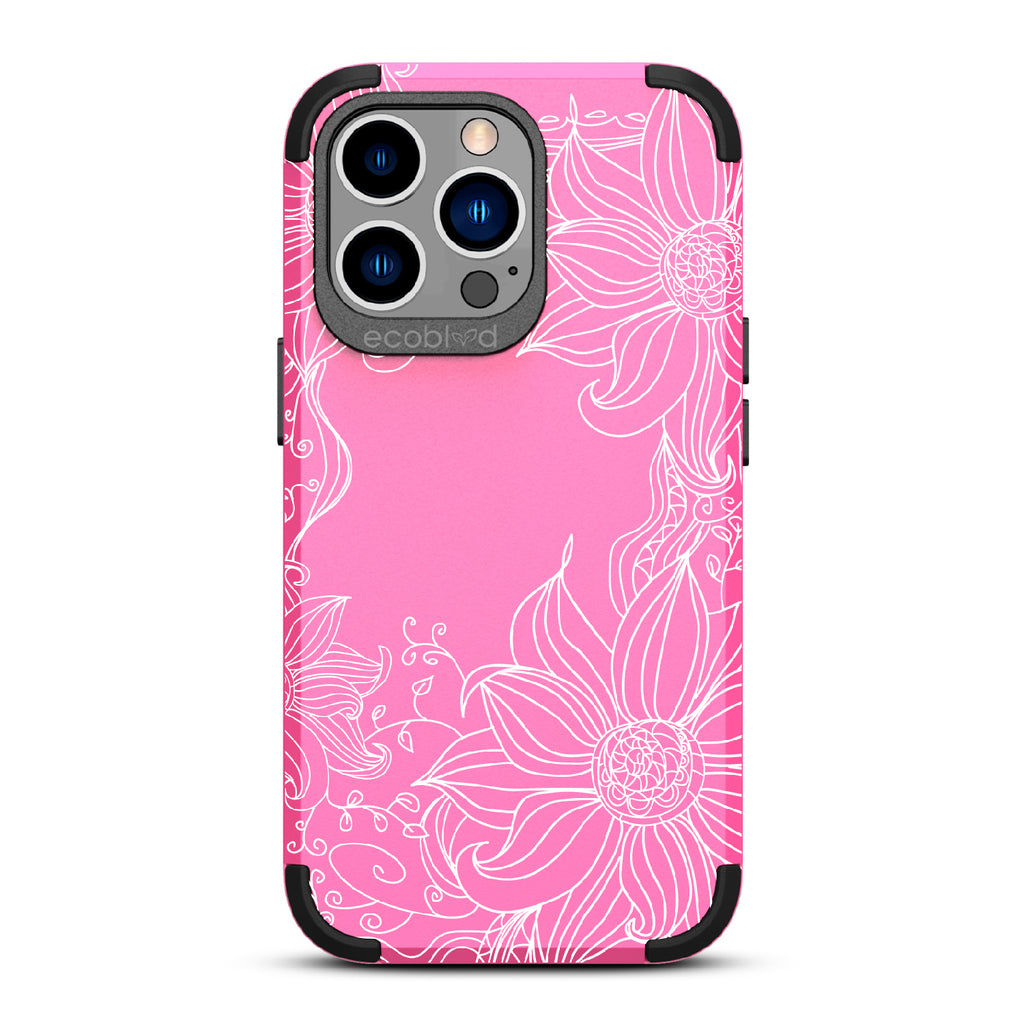 Flower Stencil - Pink Rugged Eco-Friendly iPhone 12/13 Pro Max Case With A Sunflower Stencil Line Art Design  On Back