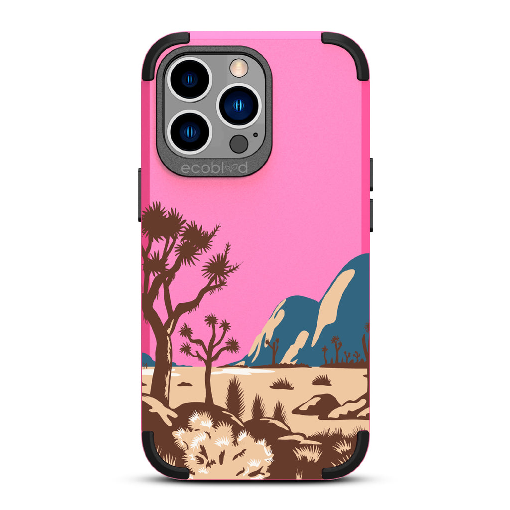 Joshua Tree - Pink Rugged Eco-Friendly iPhone 13 Pro Case With Minimalist Joshua Tree Desert Landscape On Back