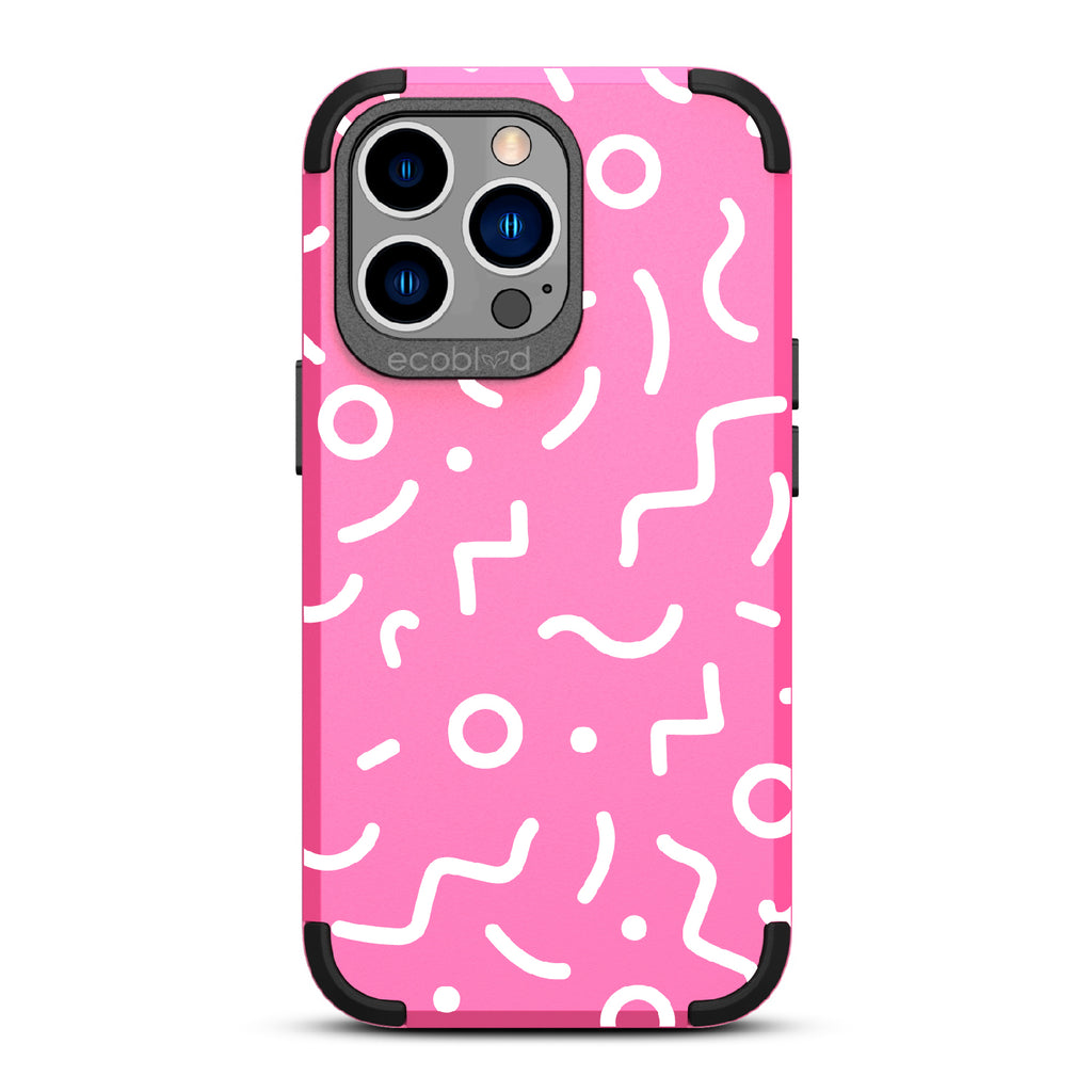 90's Kids  - Pink Rugged Eco-Friendly iPhone 13 Pro Case With Retro 90's Lines & Squiggles On Back