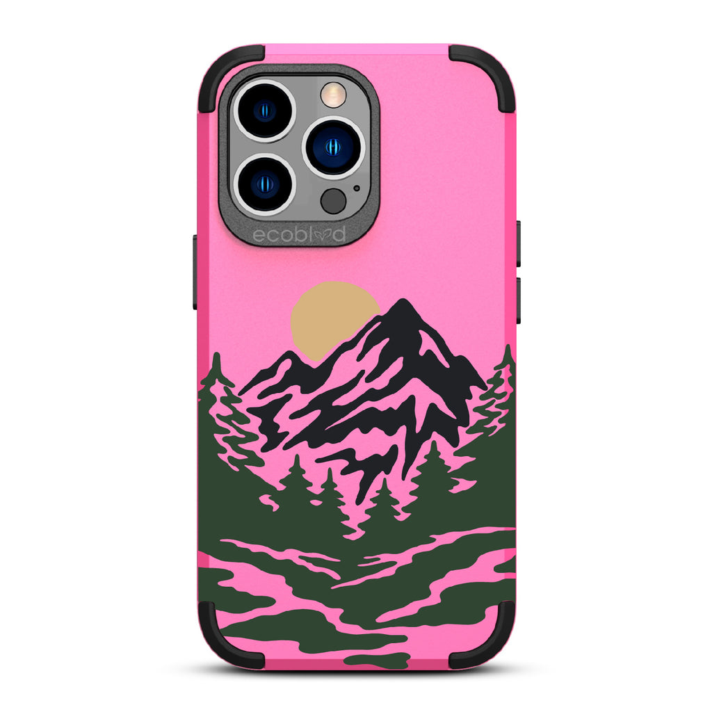Mountains - Pink Rugged Eco-Friendly iPhone 12/13 Pro Max Case With A Minimalist Moonlit Mountain Landscape On Back