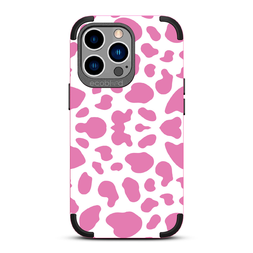 Cow Print - Pink Rugged Eco-Friendly iPhone 13 Pro Case With Pink Cow Print On Back