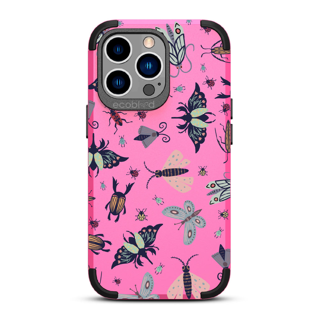 Bug Out - Pink Rugged Eco-Friendly iPhone 13 Pro Case With Butterflies, Moths, Dragonflies, And Beetles On Back