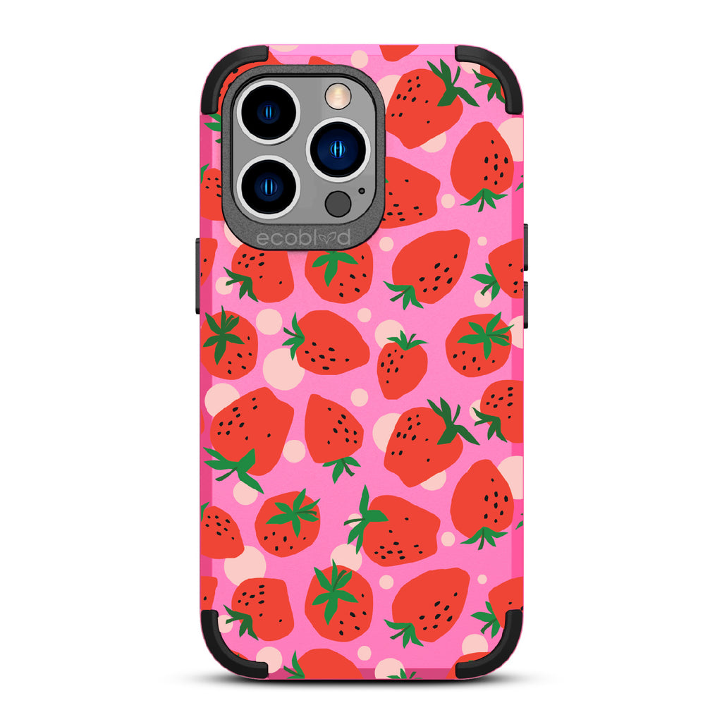 Strawberry Fields - Pink Rugged Eco-Friendly iPhone 13 Pro Case With Strawberries On Back