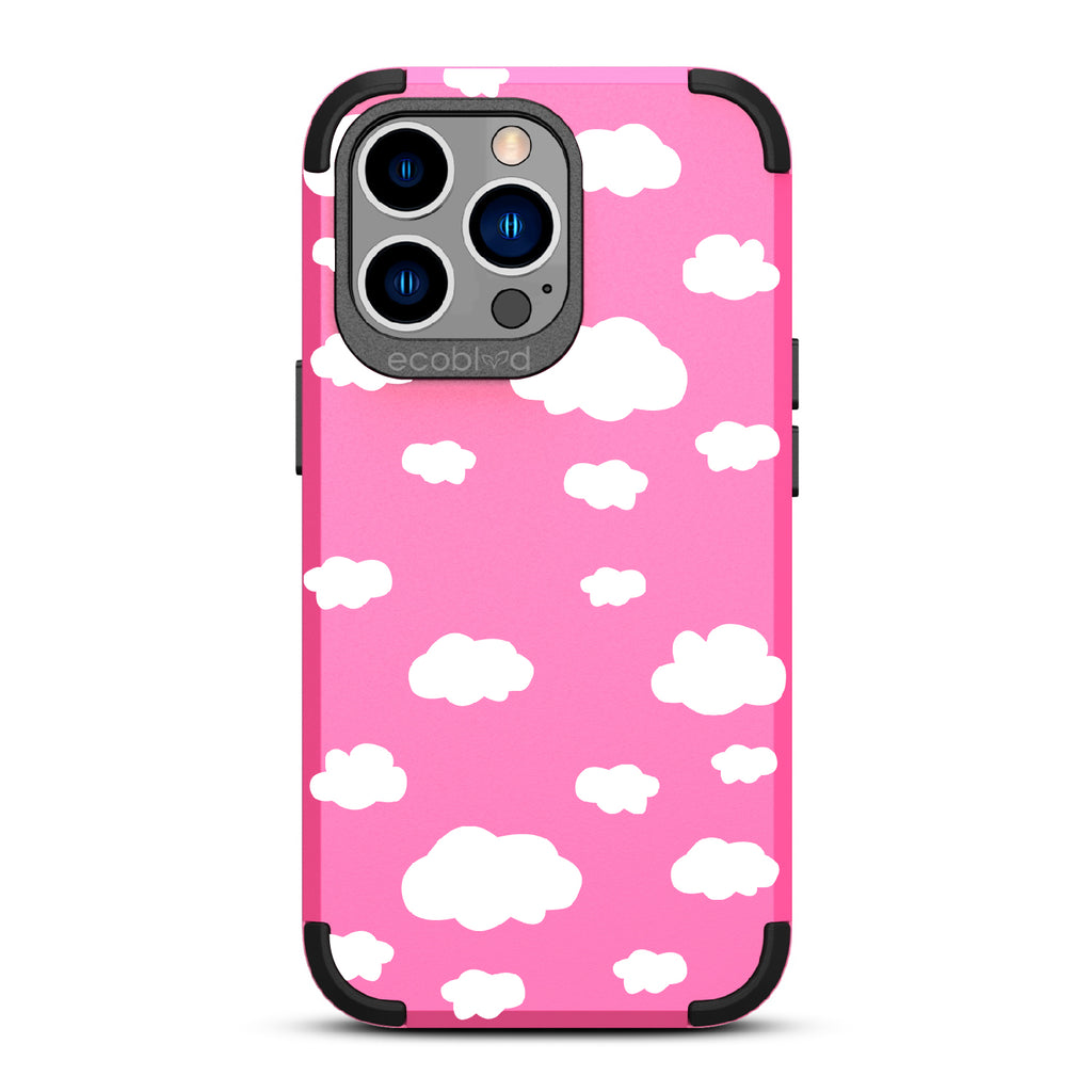Clouds - Pink Rugged Eco-Friendly iPhone 12/13 Pro Max Case With A Fluffy White Cartoon Clouds Print On Back