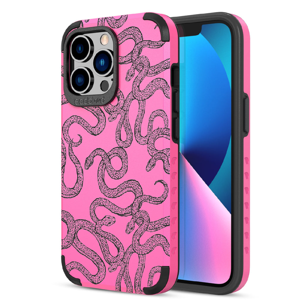 Slithering Serpent - Back View Of Pink & Eco-Friendly Rugged iPhone 13 Pro Case & A Front View Of The Screen