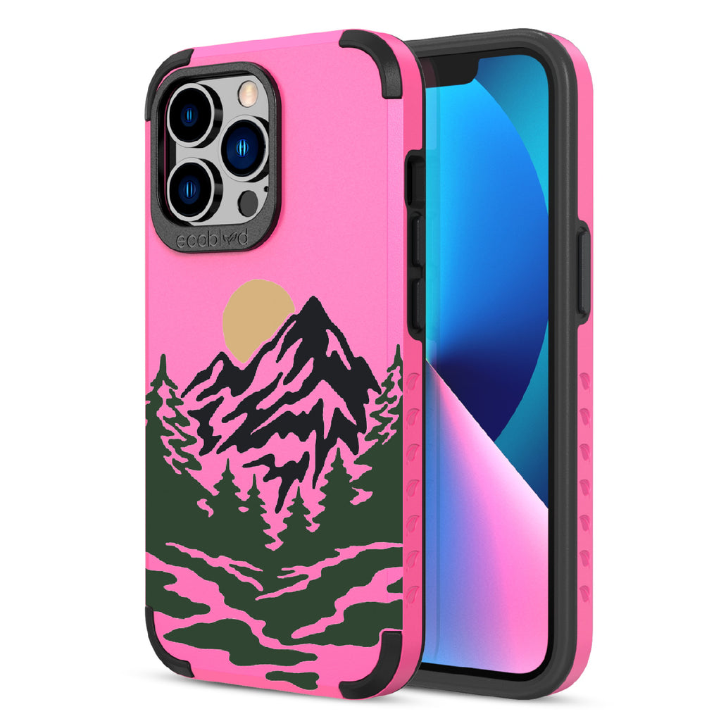 Mountains - Back View Of Pink & Eco-Friendly Rugged iPhone 12/13 Pro Max Case & A Front View Of The Screen