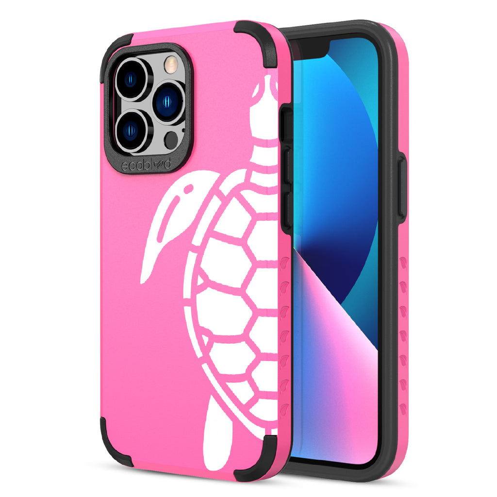 Sea Turtle - Back View Of Pink & Eco-Friendly Rugged iPhone 13 Pro Case & A Front View Of The Screen