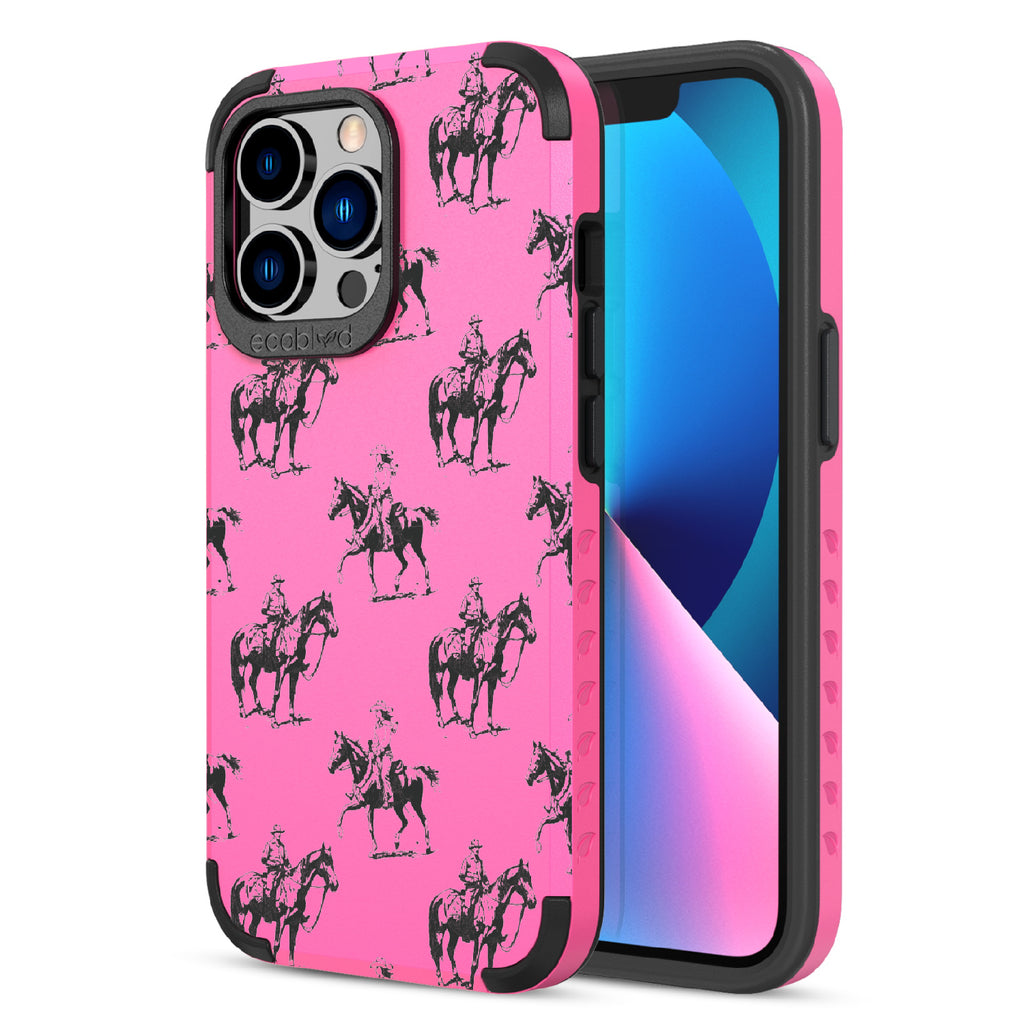 Horsin' Around - Back View Of Pink & Eco-Friendly Rugged iPhone 13 Pro Case & A Front View Of The Screen