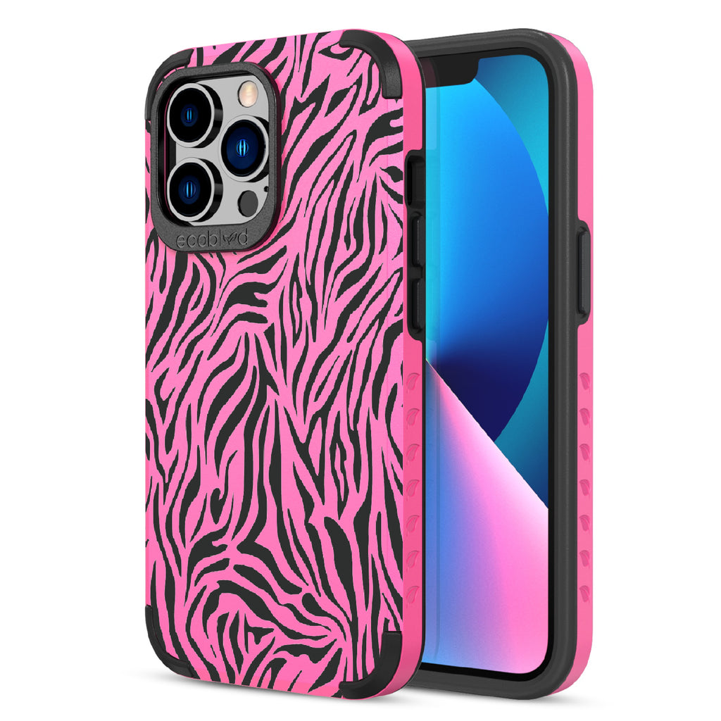 Zebra Print - Back View Of Pink & Eco-Friendly Rugged iPhone 13 Pro Case & A Front View Of The Screen