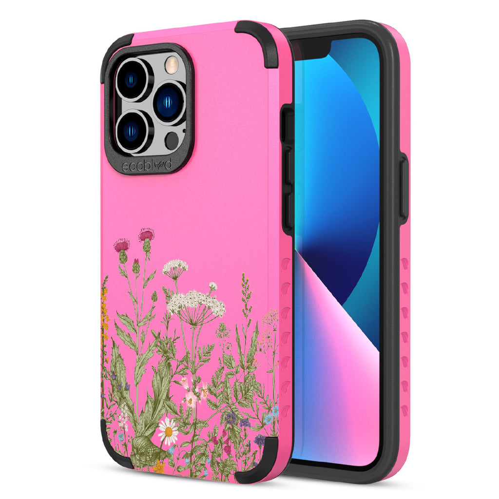 Take Root - Back View Of Pink & Eco-Friendly Rugged iPhone 13 Pro Case & A Front View Of The Screen