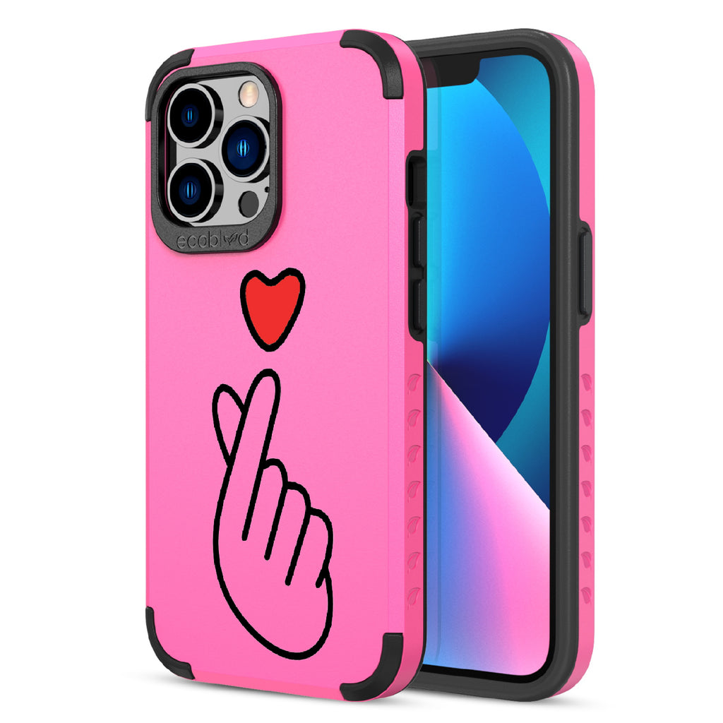 Finger Heart - Back View Of Pink & Eco-Friendly Rugged iPhone 13 Pro Case & A Front View Of The Screen