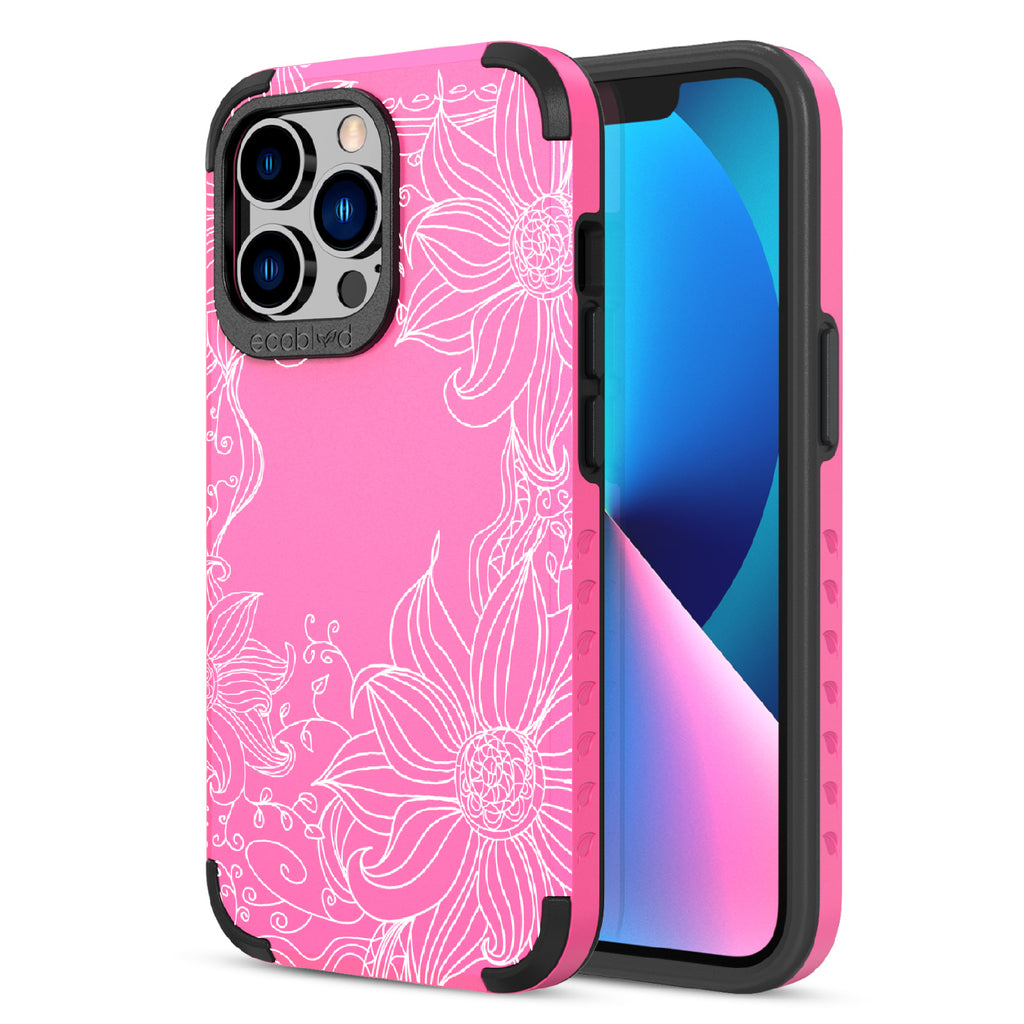 Flower Stencil - Back View Of Pink & Eco-Friendly Rugged iPhone 13 Pro Case & A Front View Of The Screen