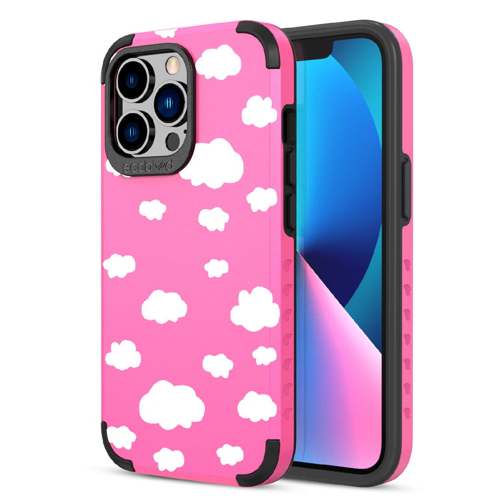 Clouds - Back View Of Pink & Eco-Friendly Rugged iPhone 13 Pro Case & A Front View Of The Screen