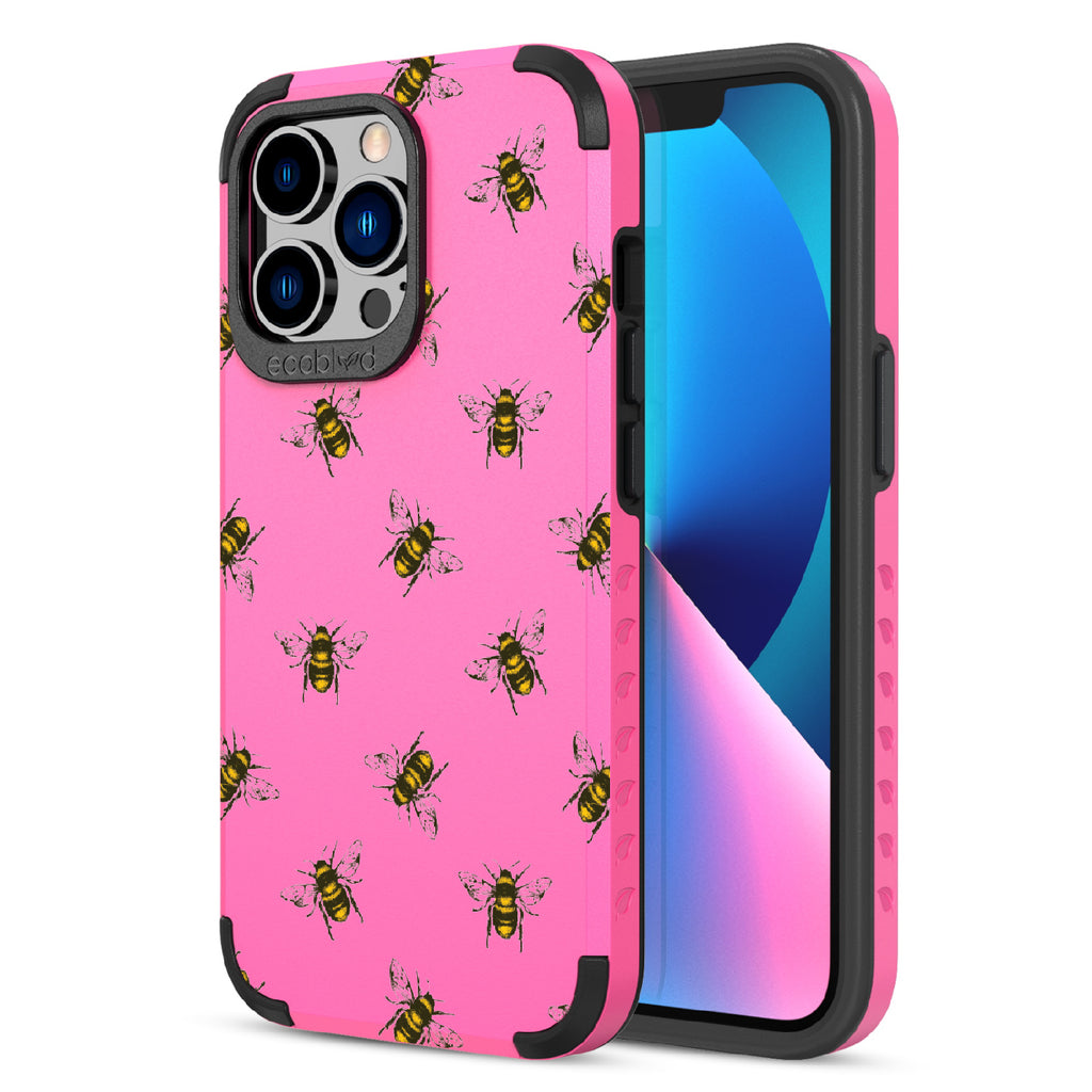 Bees - Back View Of Pink & Eco-Friendly Rugged iPhone 13 Pro Case & A Front View Of The Screen