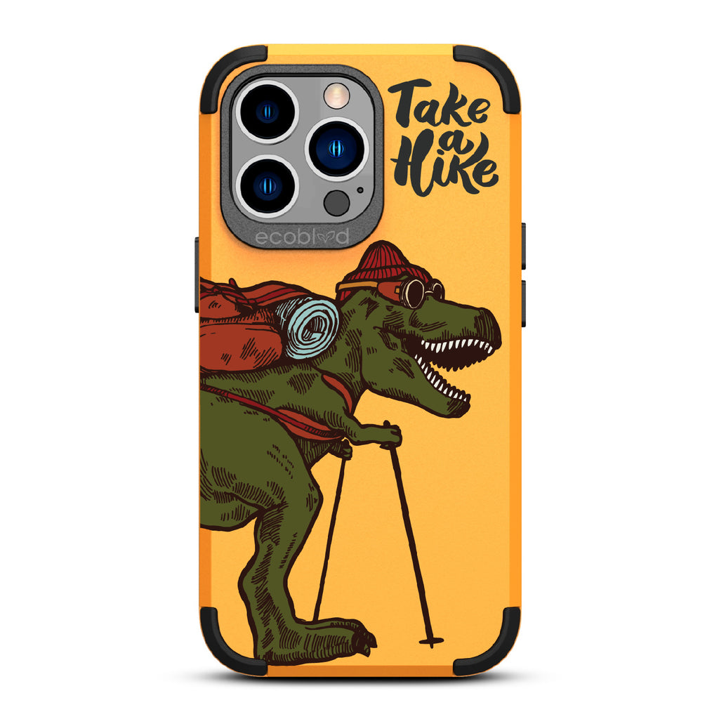Take A Hike - Yellow Rugged Eco-Friendly iPhone 12/13 Pro Max Case With A Trail-Ready T-Rex And A Quote Saying Take A Hike On Back