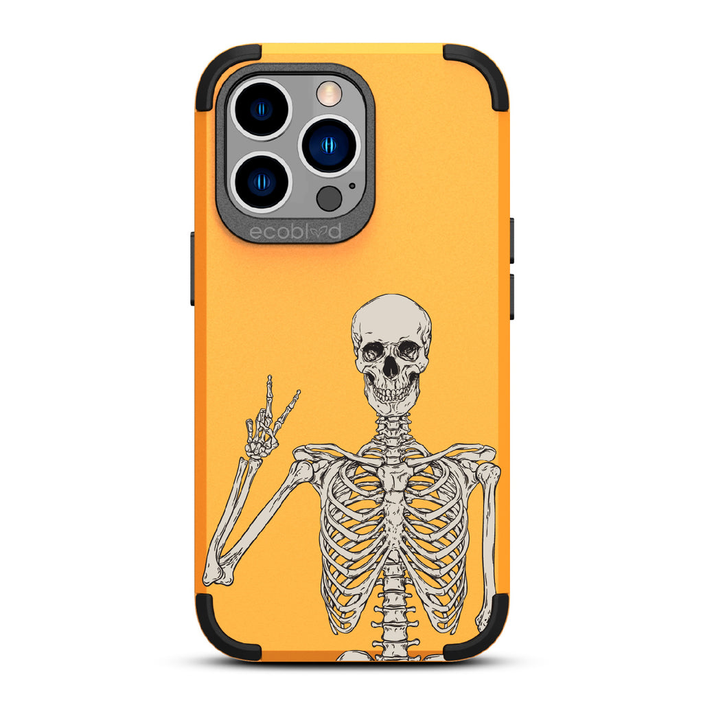 Creeping It Real - Yellow Rugged Eco-Friendly iPhone 13 Pro Case With Skeleton Giving A Peace Sign On Back