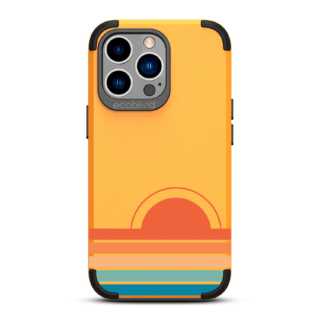 Rise N' Shine  - Yellow Rugged Eco-Friendly iPhone 12/13 Pro Max Case With A Sun Rising From Rainbow Stripes On Back