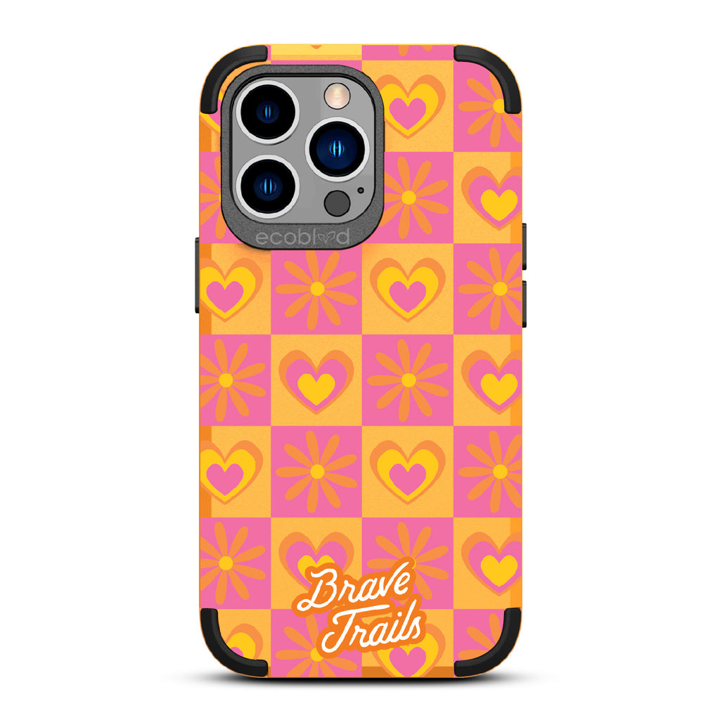 Free Spirit X Brave Trails - Yellow Rugged Eco-Friendly iPhone 13 Pro Case With Pink Checkered Hearts & Flowers