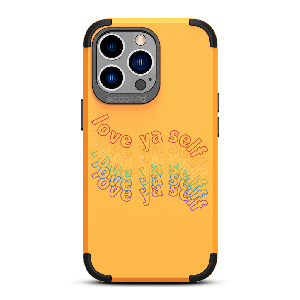Love Ya Self - Yellow Rugged Eco-Friendly iPhone 13 Pro Case With Love Ya Self In Repeating Rainbow Gradient On Back