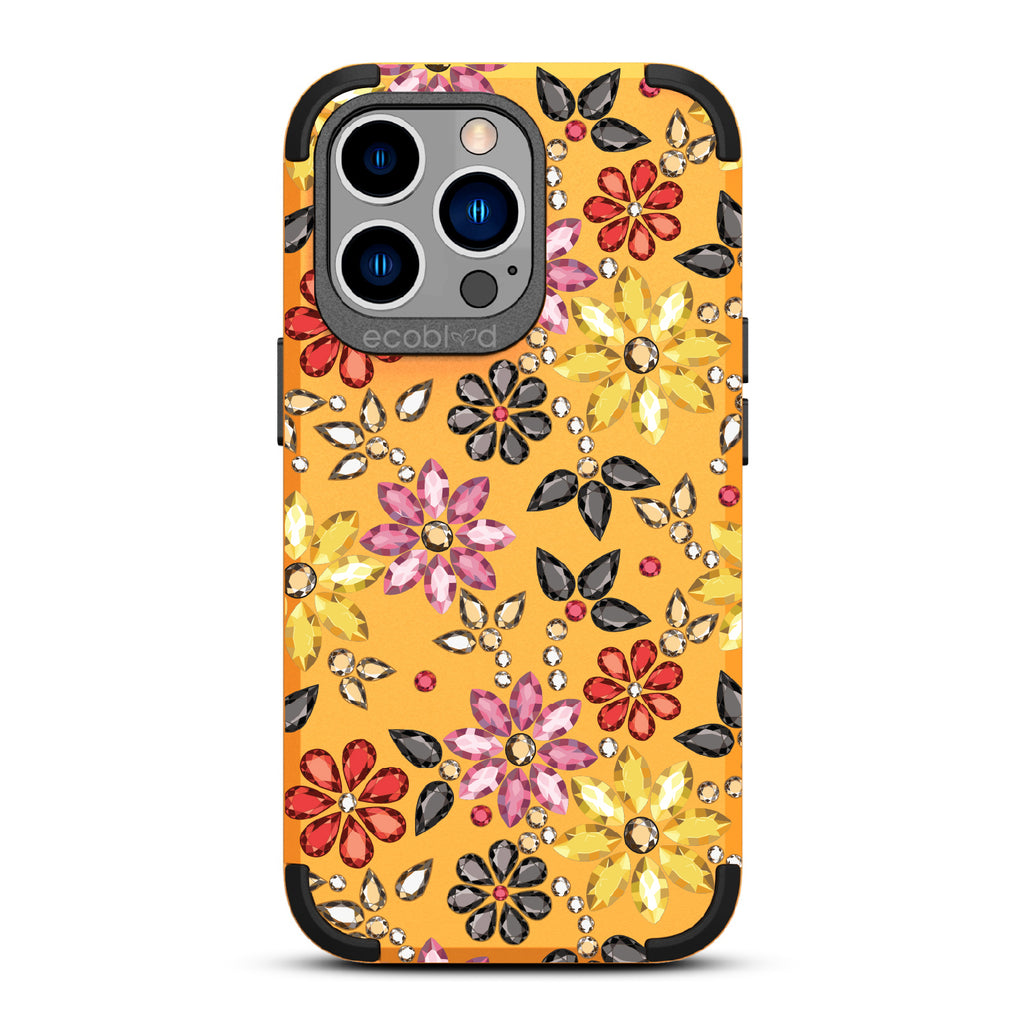 Bejeweled - Rhinestone Jewels In Floral Patterns - Yellow Eco-Friendly Rugged iPhone 12/13 Pro Max Case 