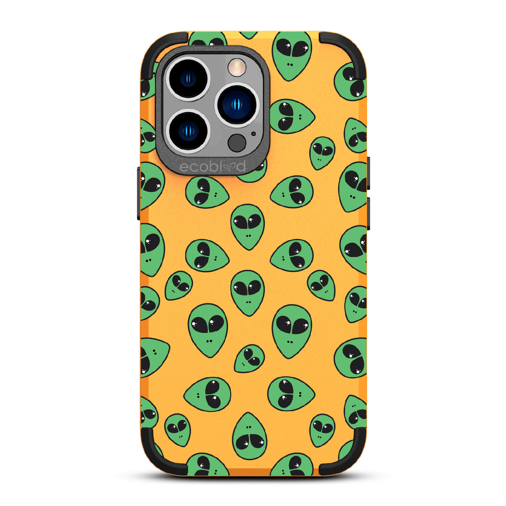Aliens - Yellow Rugged Eco-Friendly iPhone 13 Pro Case With Green Cartoon Alien Heads On Back