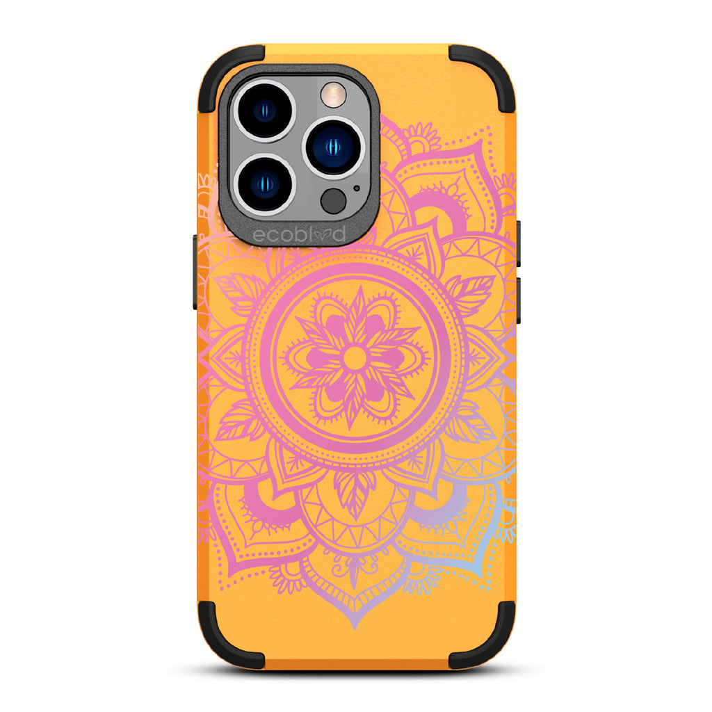Mandala - Yellow Rugged Eco-Friendly iPhone 12/13 Pro Max Case With A Pink Lotus Flower Mandala On Back