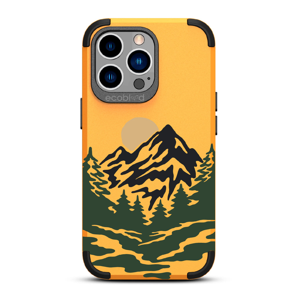 Mountains - Yellow Rugged Eco-Friendly iPhone 13 Pro Case With A Minimalist Moonlit Mountain Landscape On Back