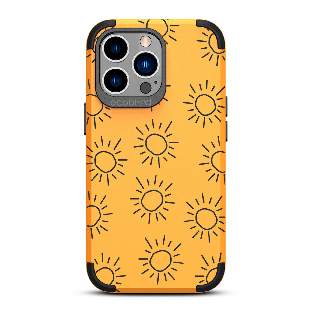Sun - Yellow Rugged Eco-Friendly iPhone 12/13 Pro Max Case With Hand-Drawn Suns On Back