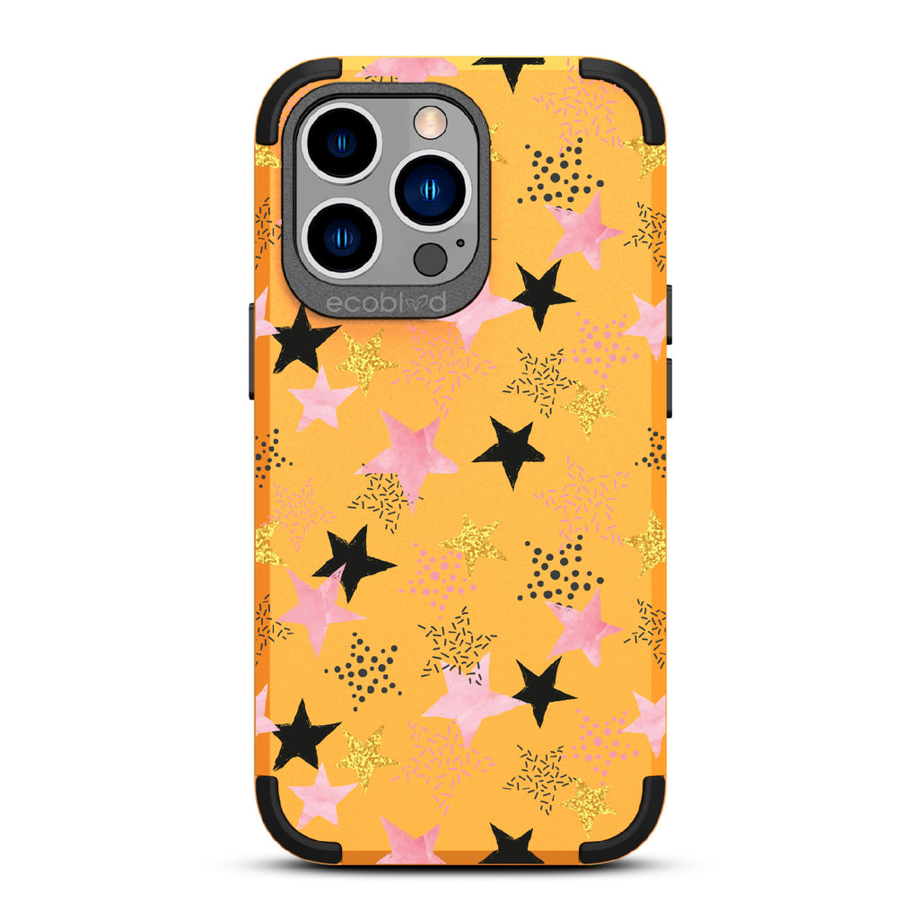 Champagne Supernova - Yellow Rugged Eco-Friendly iPhone 12/13 Pro Max Case With Pink, Black & Gold Stars In Solid & Polka Dot Patterns