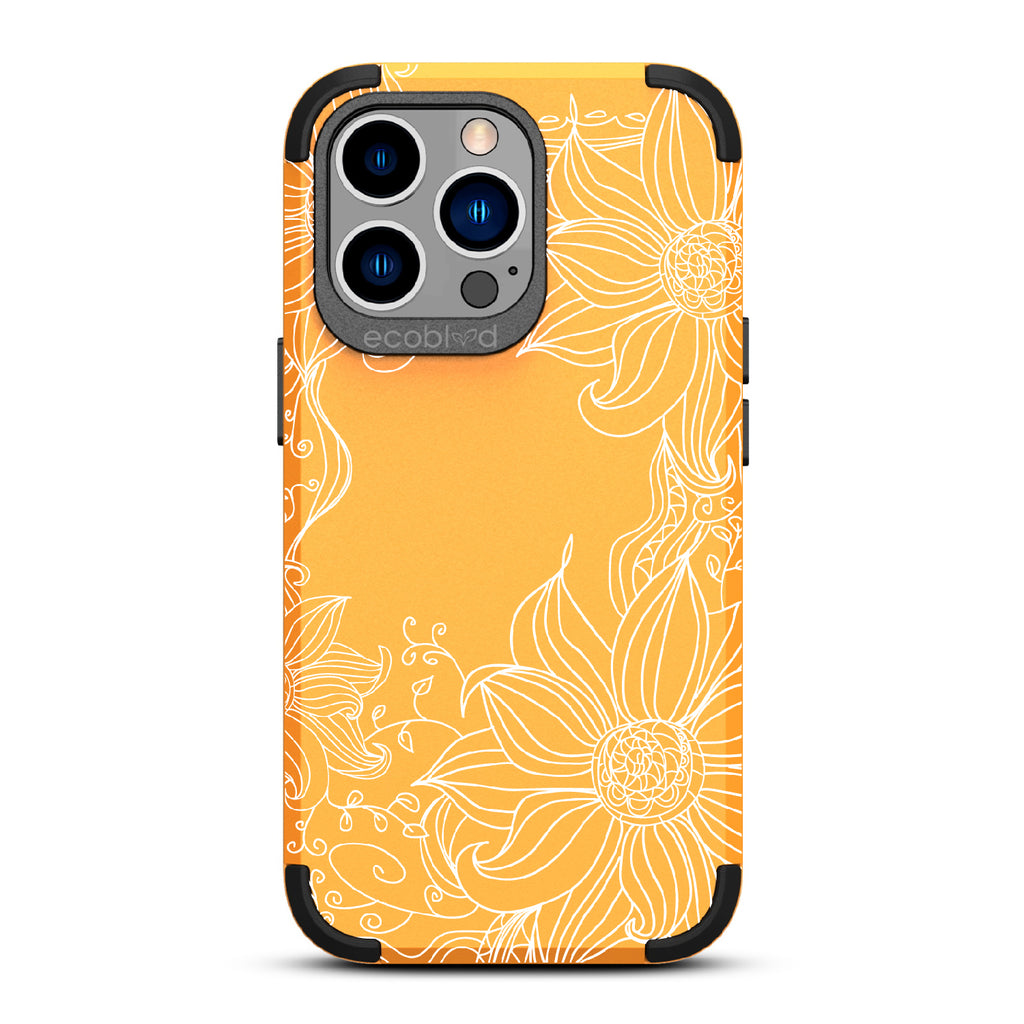Flower Stencil - Yellow Rugged Eco-Friendly iPhone 13 Pro Case With A Sunflower Stencil Line Art Design  On Back