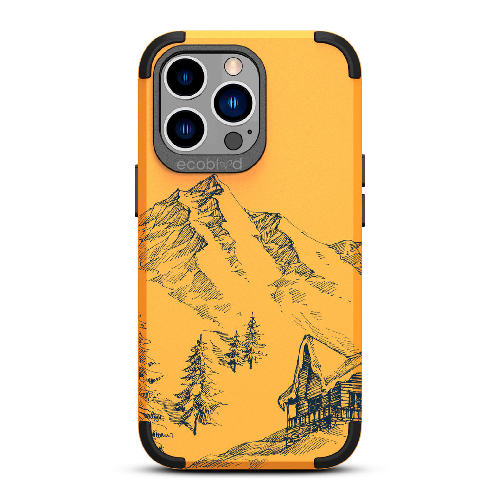 Cabin Retreat - Yellow Rugged Eco-Friendly iPhone 13 Pro Case With Hand-Drawn Snowy Mountainside Wood Cabin