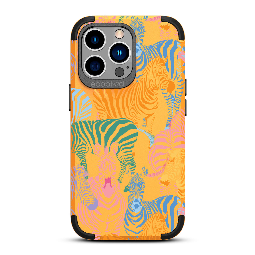 Colorful Herd - Yellow Rugged Eco-Friendly iPhone 13 Pro Case With Zebras in Multiple Colors