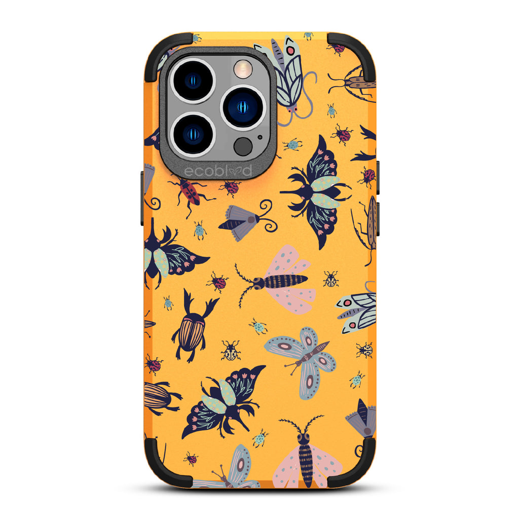 Bug Out - Yellow Rugged Eco-Friendly iPhone 13 Pro Case With Butterflies, Moths, Dragonflies, And Beetles On Back