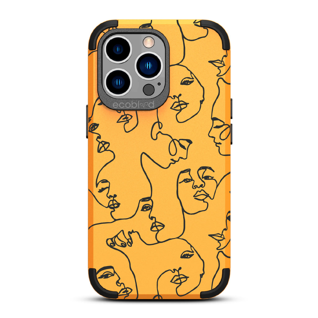 Delicate Touch - Yellow Rugged Eco-Friendly iPhone 13 Pro Case With Line Art Of A Woman’s Face On Back