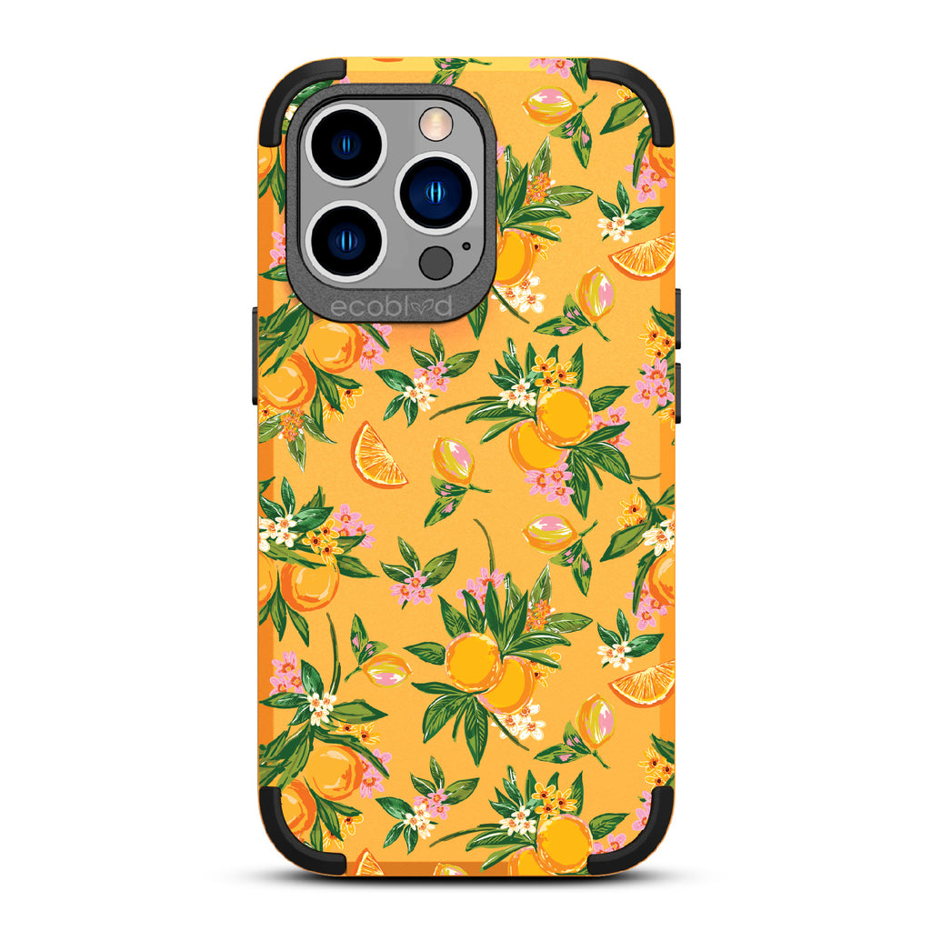 Orange Bliss - Yellow Rugged Eco-Friendly iPhone 13 Pro Case With Oranges, Orange Slices and Leaves On Back