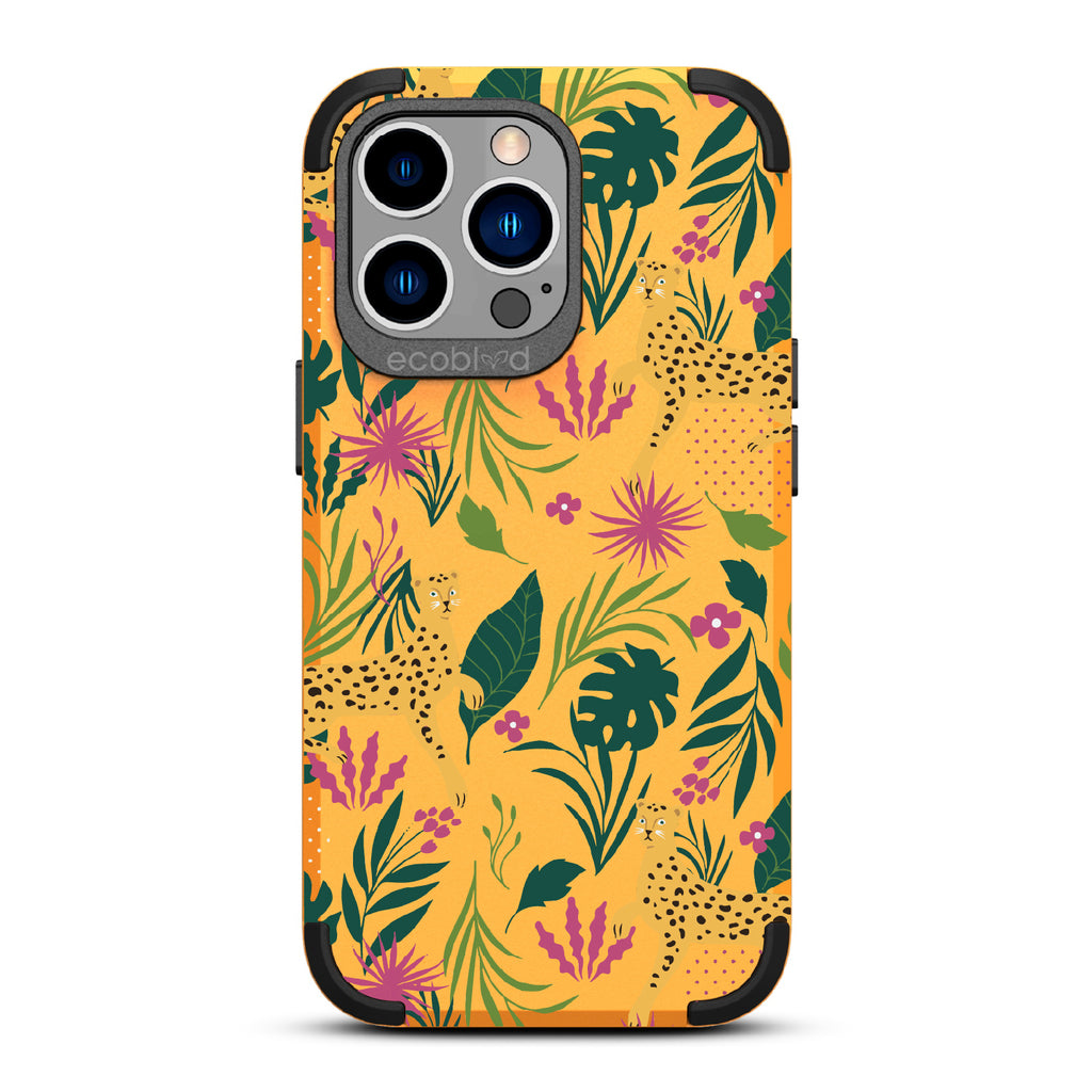 Jungle Boogie - Yellow Rugged Eco-Friendly iPhone 13 Pro With Cheetahs Among Lush Colorful Jungle Foliage