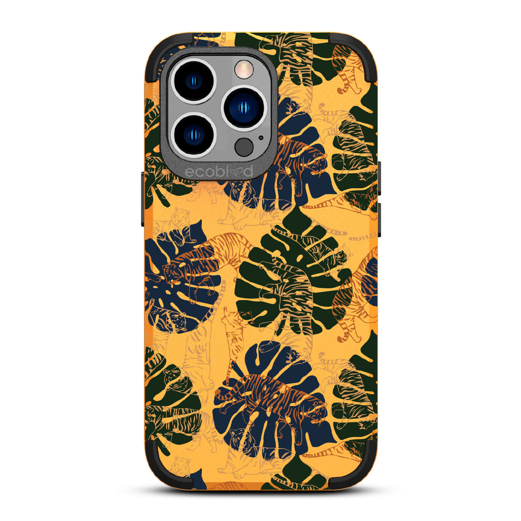 Tropic Roar - Yellow Rugged Eco-Friendly iPhone 13 Pro Case WithJungle Leaves & Orange / Yellow Tiger Outlines On Back