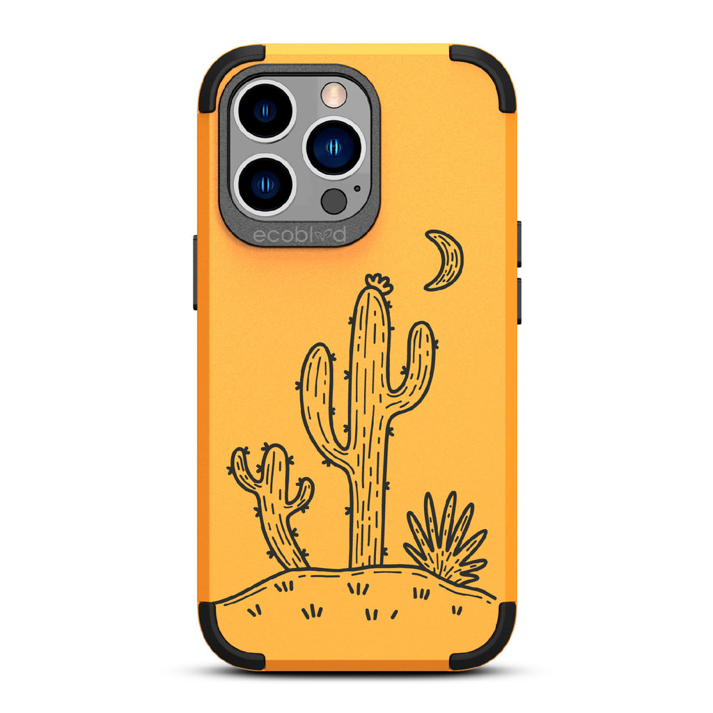 Sagebrush  - Yellow Rugged Eco-Friendly iPhone 13 Pro Case With Cartoon Cacti Under A Crescent Moon On Back