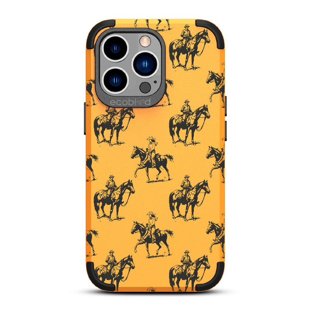 Horsin' Around  - Yellow Rugged Eco-Friendly iPhone 12/13 Pro Max Case With Cowboys On Horseback On Back