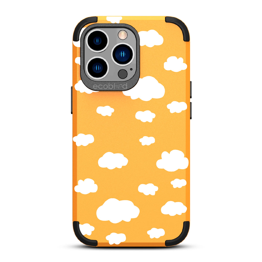 Clouds - Yellow Rugged Eco-Friendly iPhone 12/13 Pro Max Case With A Fluffy White Cartoon Clouds Print On Back