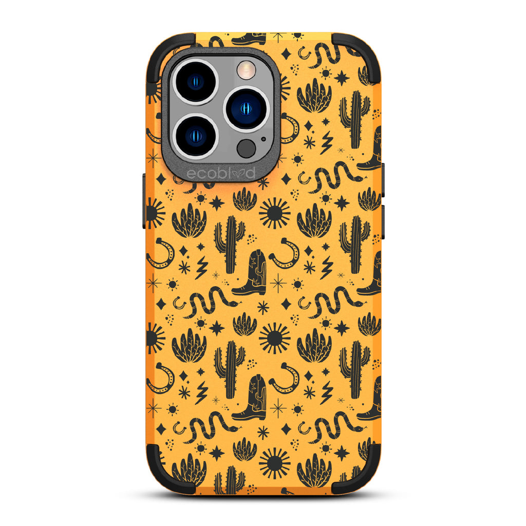 Wild West - Yellow Rugged Eco-Friendly iPhone 13 Pro Case With Cowboy Boots, Horseshoe, Cacti, Snakes & Suns On Back