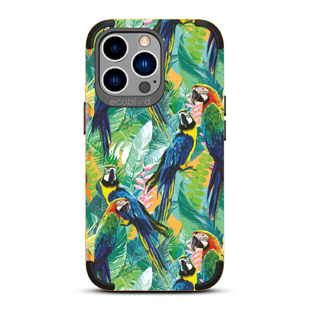Macaw Medley - Yellow Rugged Eco-Friendly iPhone 13 Pro Case With Macaws & Tropical Leaves On Back