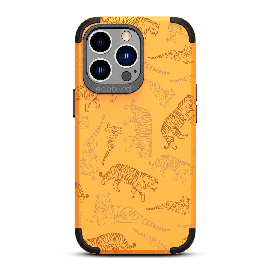 Tiger Pride - Yellow Rugged Eco-Friendly iPhone 13 Pro Case With Jungle Leaves & Orange / Yellow Tiger Outlines On Back