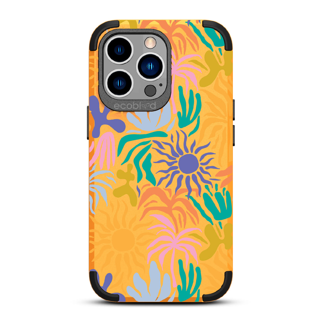 Sun-Kissed - Yellow Rugged Eco-Friendly iPhone 13 Pro Case With Sunflower Print + The Sun As The Flower On Back