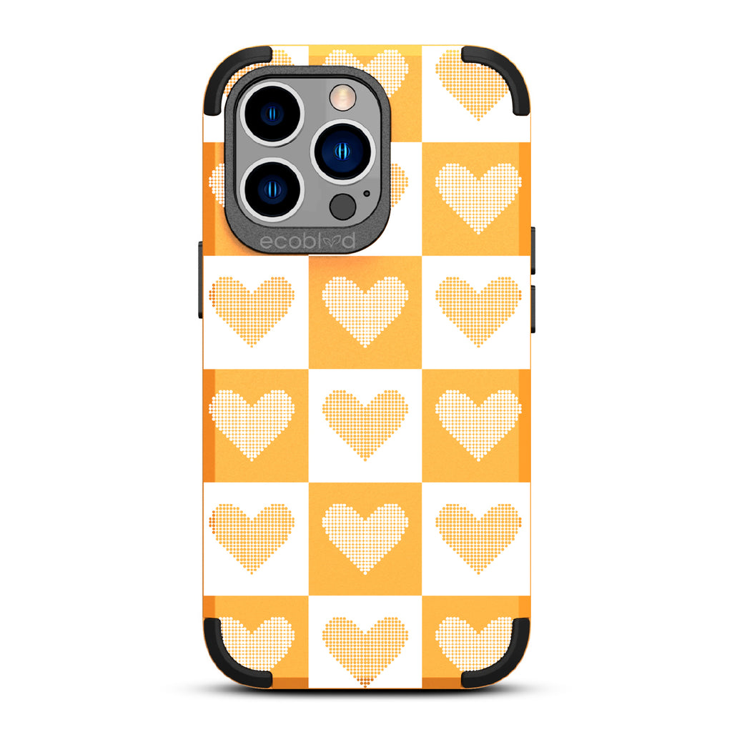 Quilty Pleasures - Yellow Rugged Eco-Friendly iPhone 13 Pro Case With White Checkered Print With Knitted Hearts On Back